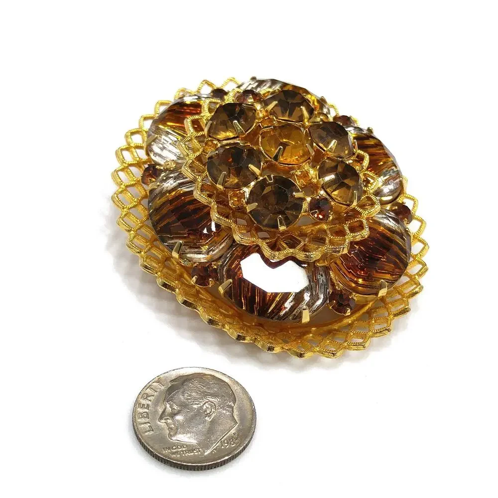 Light Dark Topaz Rhinestones Filigree Brooch, Art Glass, Two Tiered Oval Pin